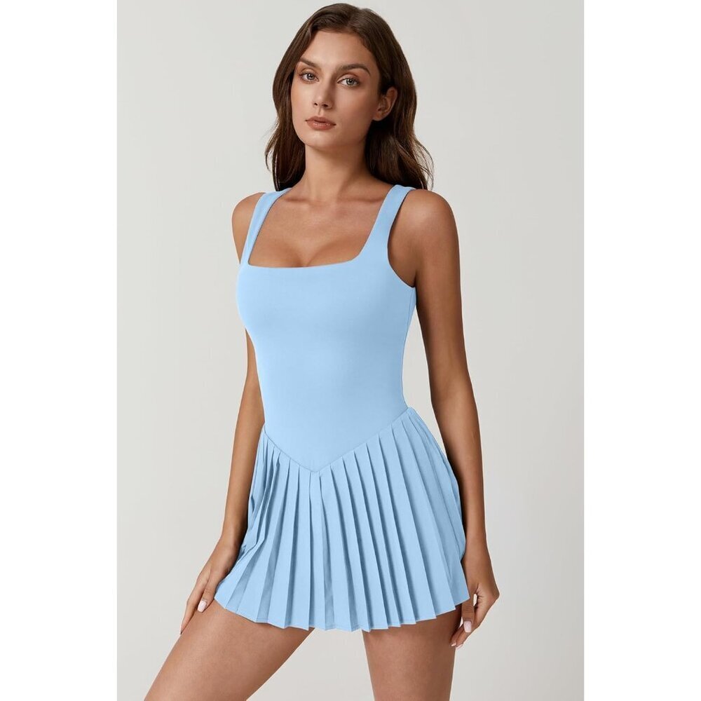 Women's Sky Blue Square Neck Tennis Pleated Sleeveless Built In Athletic Dress - Picture 5 of 6